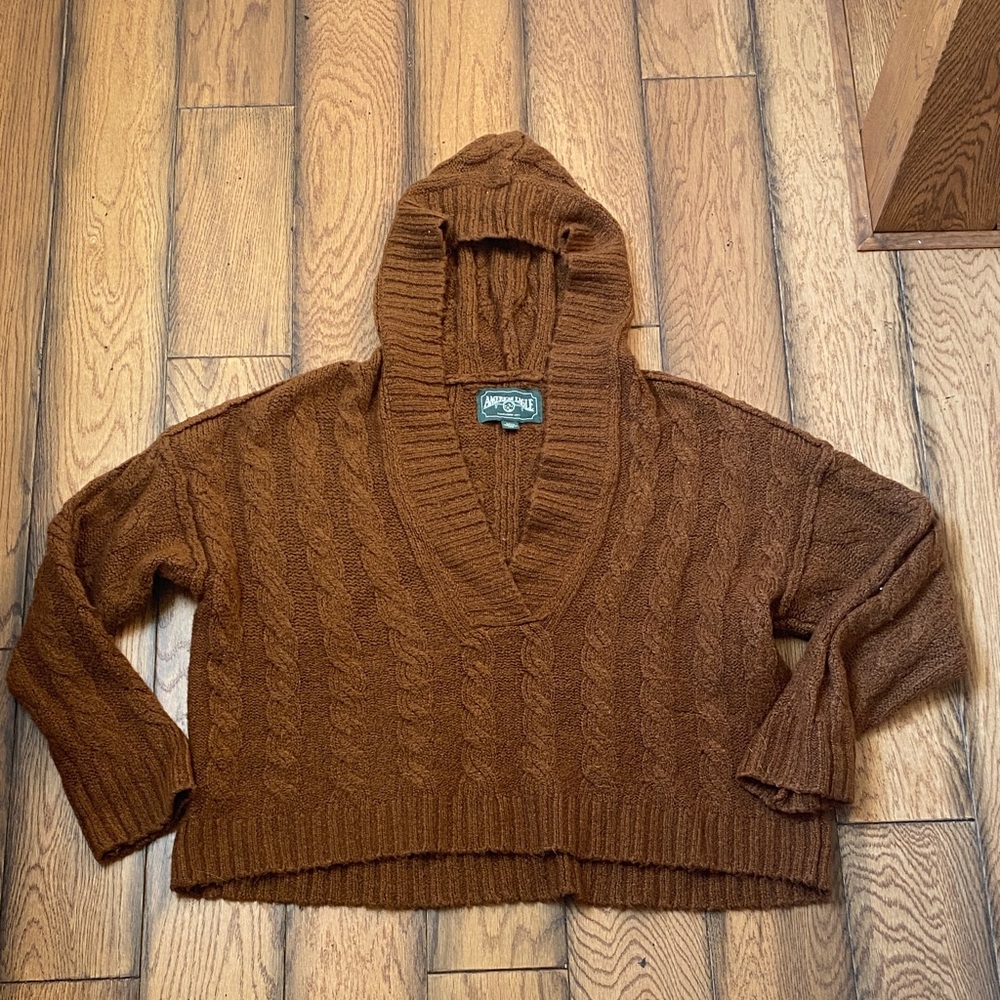 Rust Colored Cable Knit Hooded Sweater